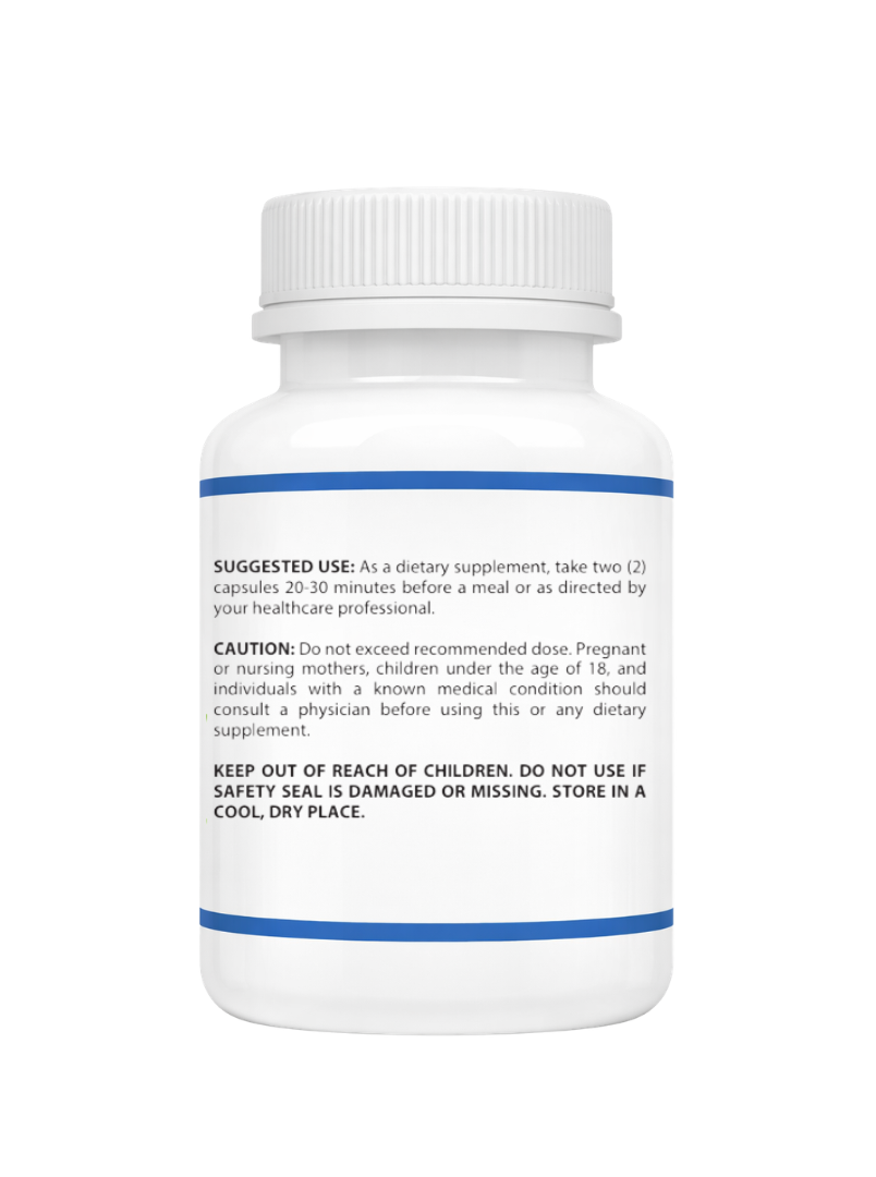 Menopause support Suggested use label on a blue striped bottle on a white background