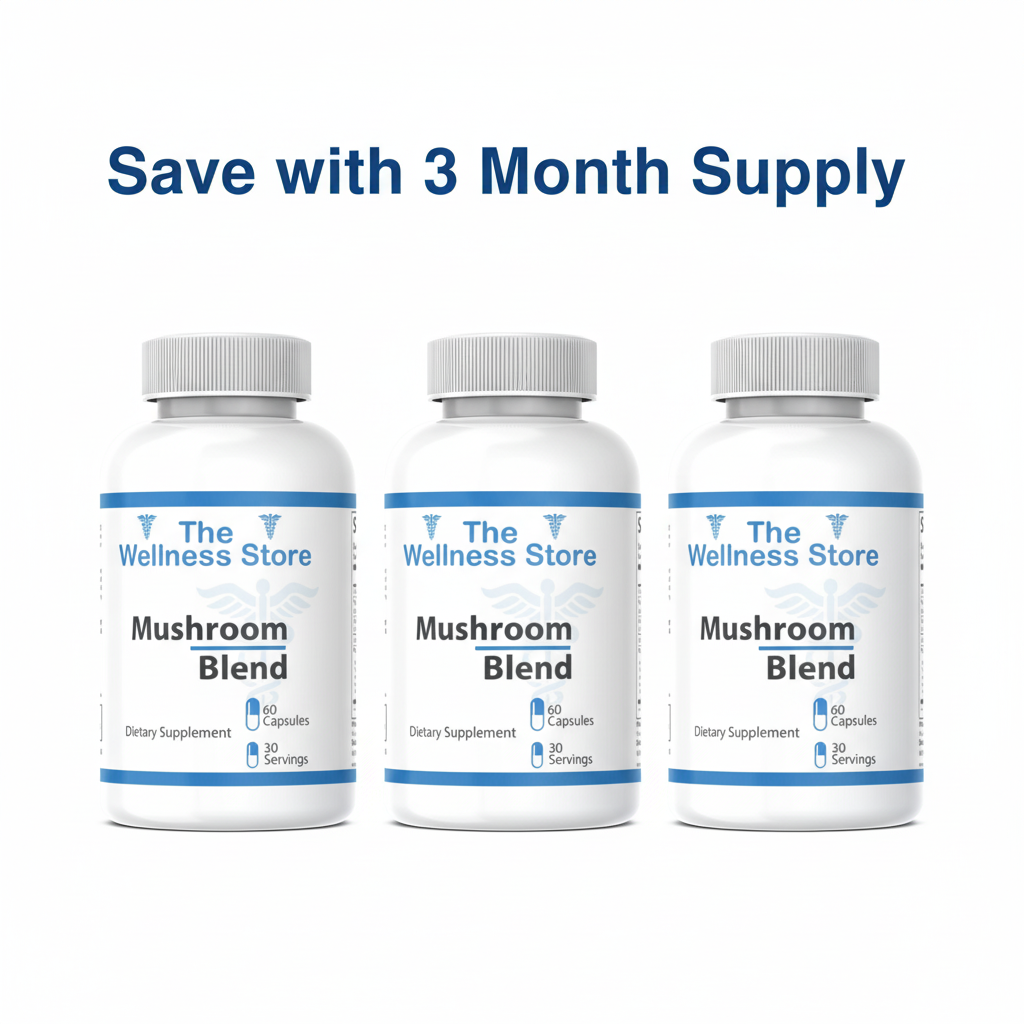 3 bottles Mushroom Blend with "Save with 3 Month Supply" text
