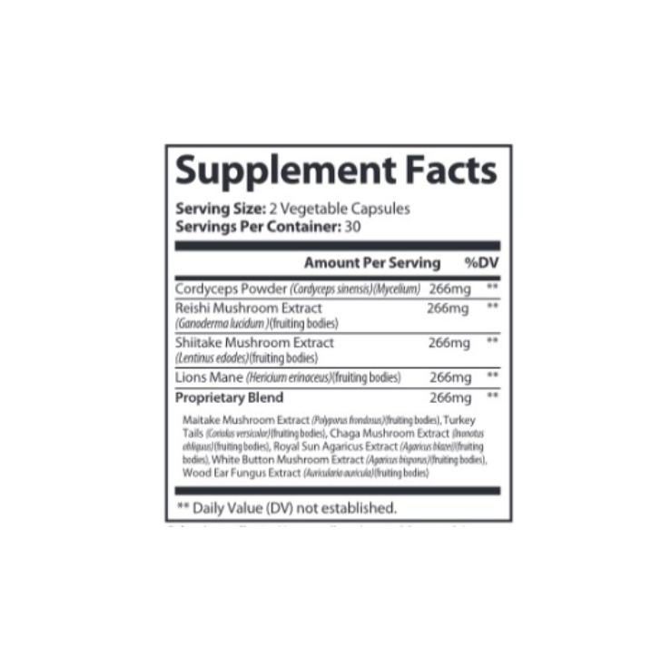 Supplement facts label with various mushroom extracts on a white background
