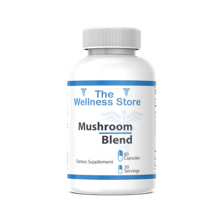 Supplement bottle labeled 'Mushroom Blend' from 'The Wellness Store' on a white background