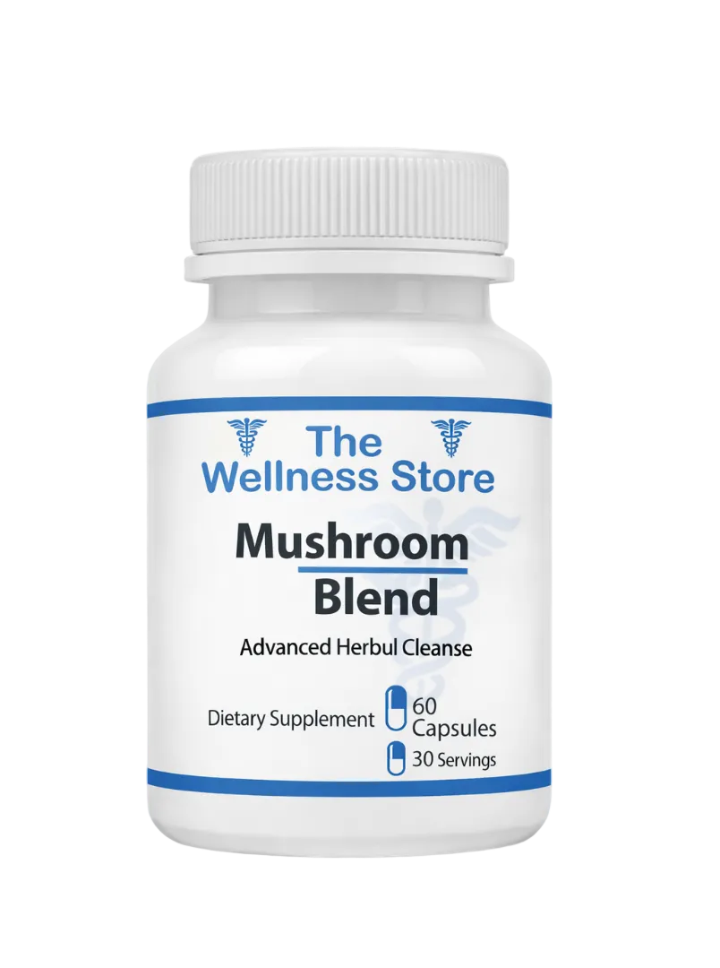 Supplement bottle labeled 'Mushroom Blend' from The Wellness Store on a white background