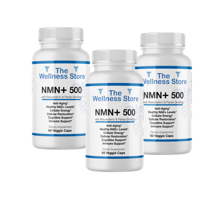 Three bottles of NMN+ 500 supplements for healthy Longevity from The Wellness Store on a white background