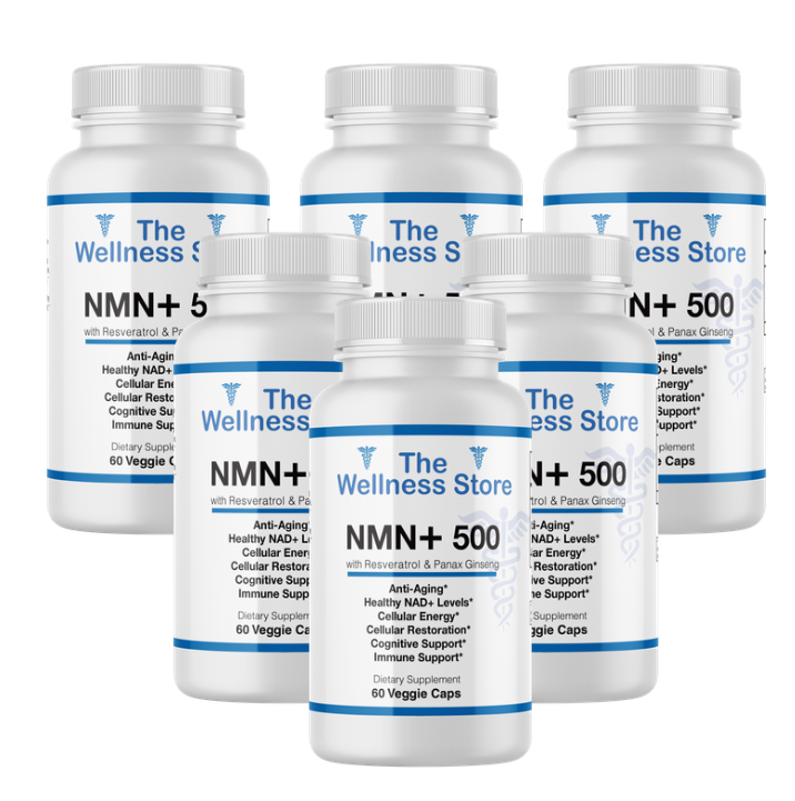 Six bottles of NMN+ 500 Longevity Supplements from The Wellness Store on a white background