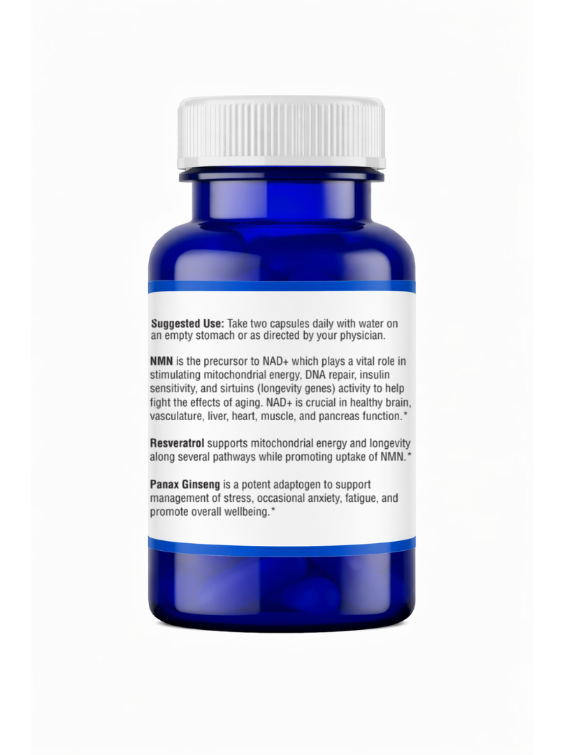 NMN Suggested Use on Blue bottle with a white background