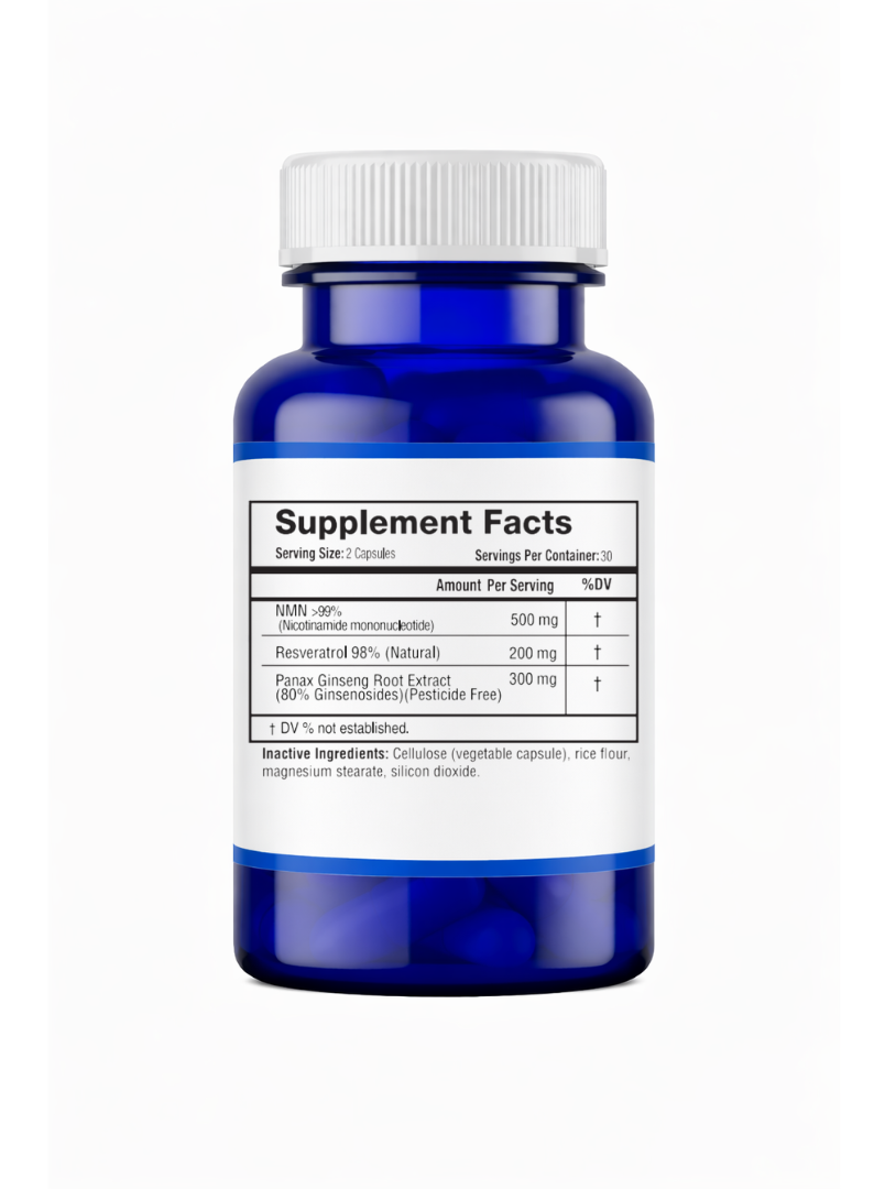 NMN Supplement facts on blue bottle with a white background