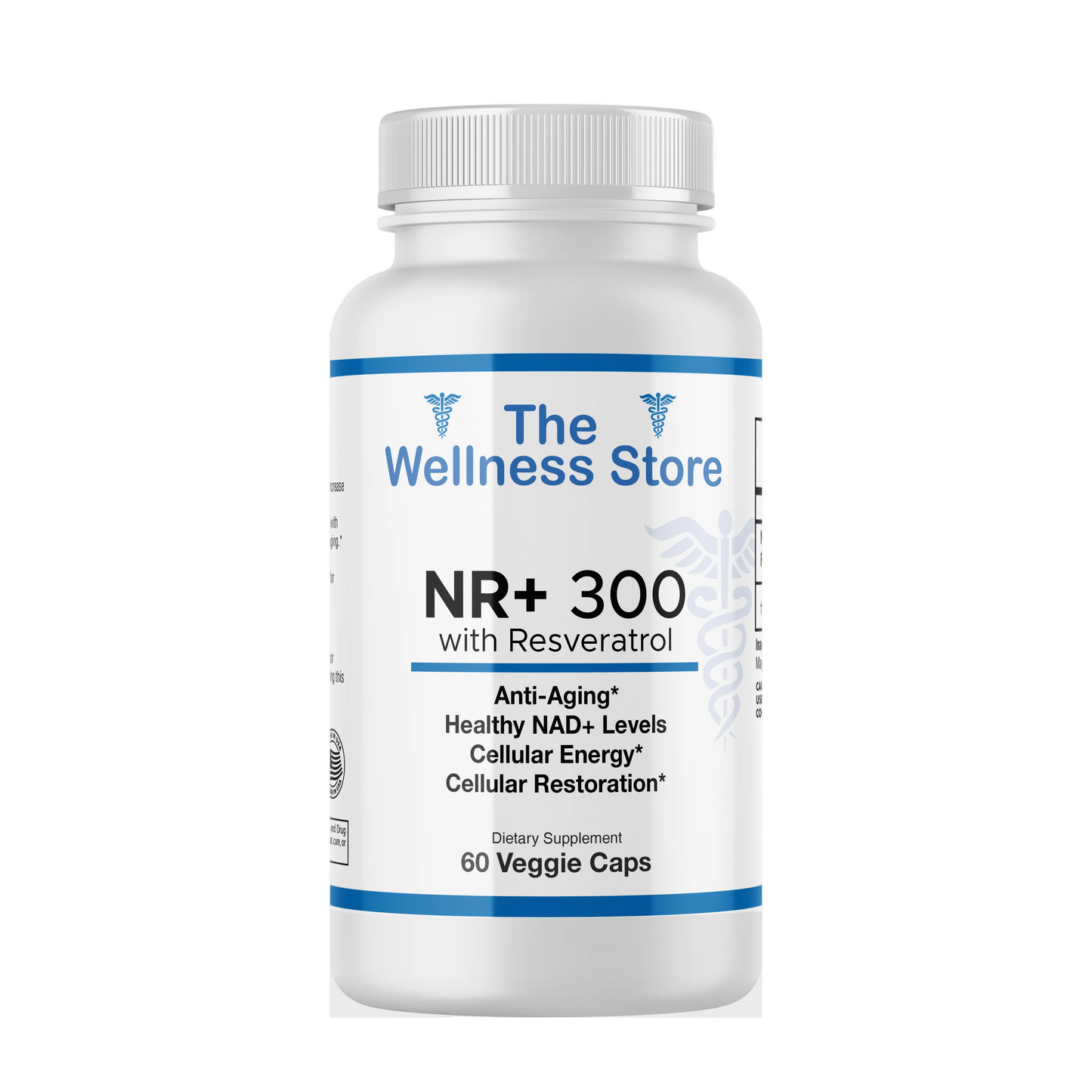 Supplement bottle labeled 'NR+ 300 with Resveratrol' from 'The Wellness Store' on a white background