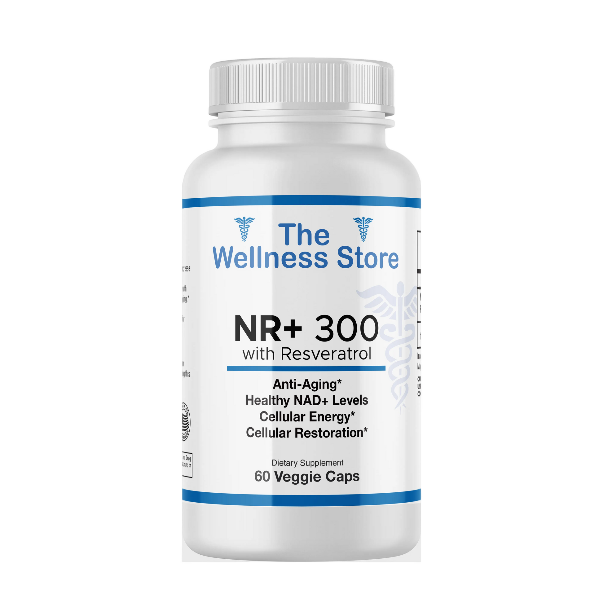 Supplement bottle labeled 'NR+ 300 with Resveratrol' from 'The Wellness Store' on a white background