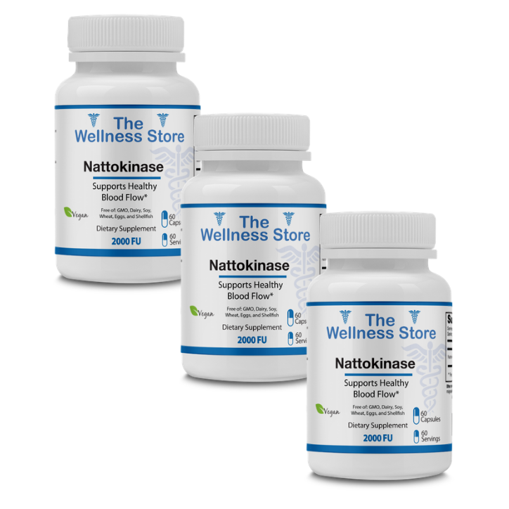 Three bottles of Nattokinase from The Wellness Store on a white background