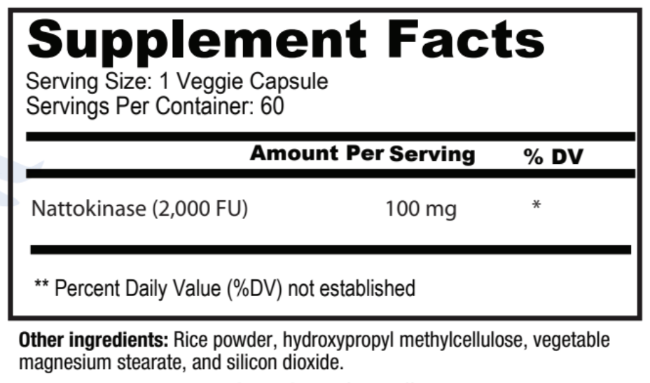Nattokinase 2000 FU supplement facts - 100mg per capsule for cardiovascular health and healthy blood flow support - 60 veggie capsules - The Wellness Store