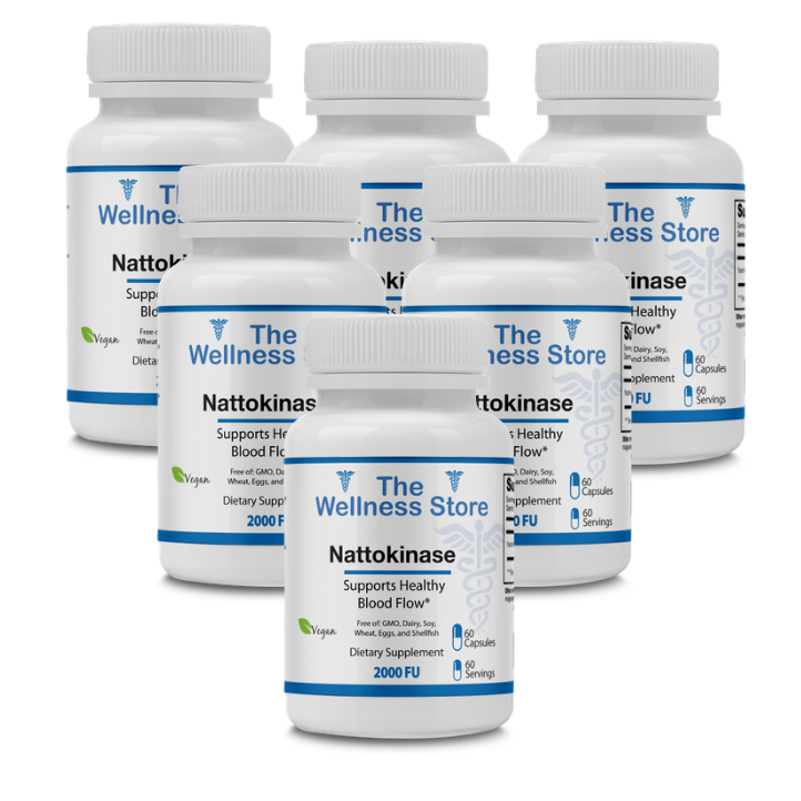 Six bottles of Nattokinase supplement from The Wellness Store on a white background
