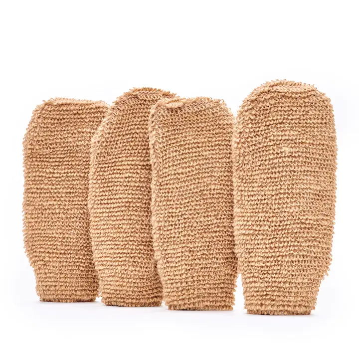 4 loofah mitts on a white background