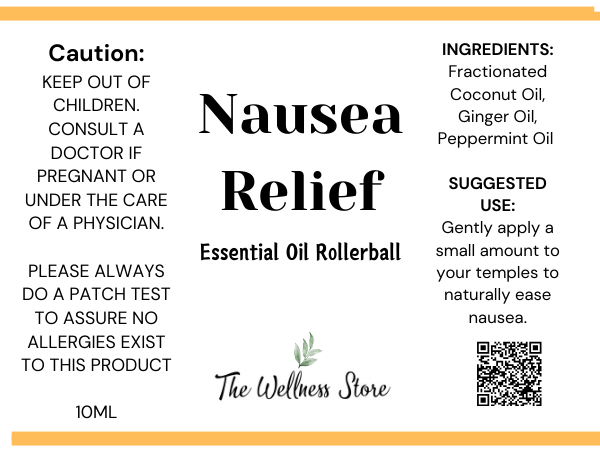 Nausea Relief essential oil rollerball label with cautionary text and product details.