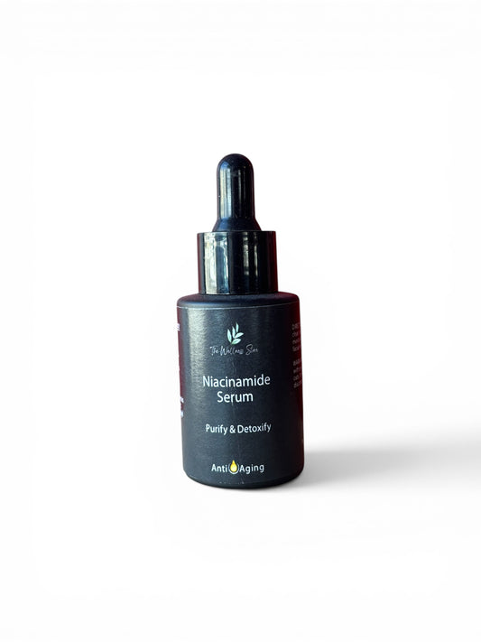 Niacinamide anti-aging serum bottle with dropper on a white background