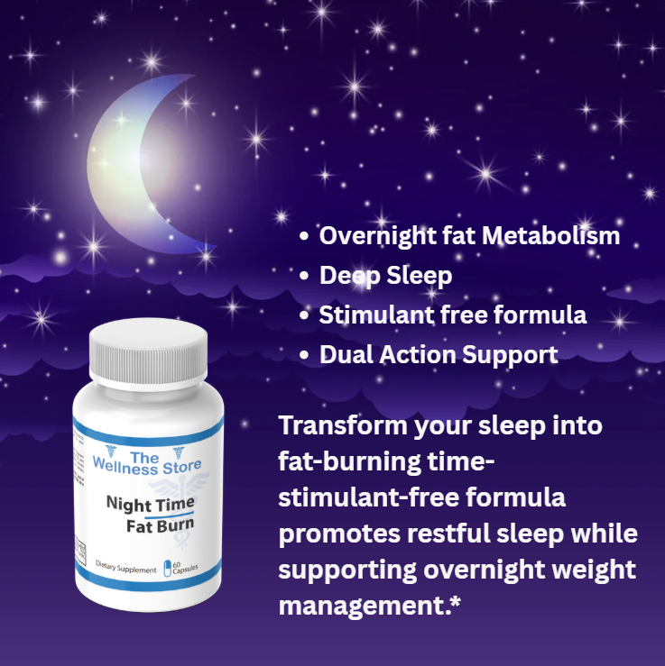 Bottle of 'Night Time Fat Burn' supplement with a night sky background featuring a moon and stars.