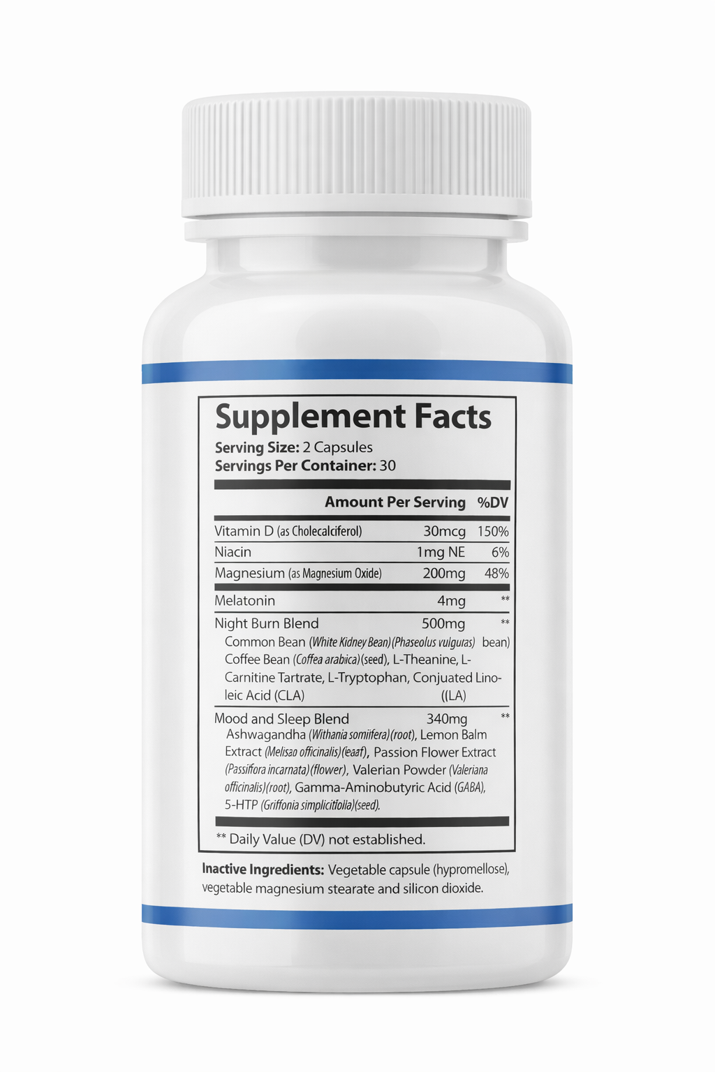 Supplement bottle with label showing 'Supplement Facts' on a white background