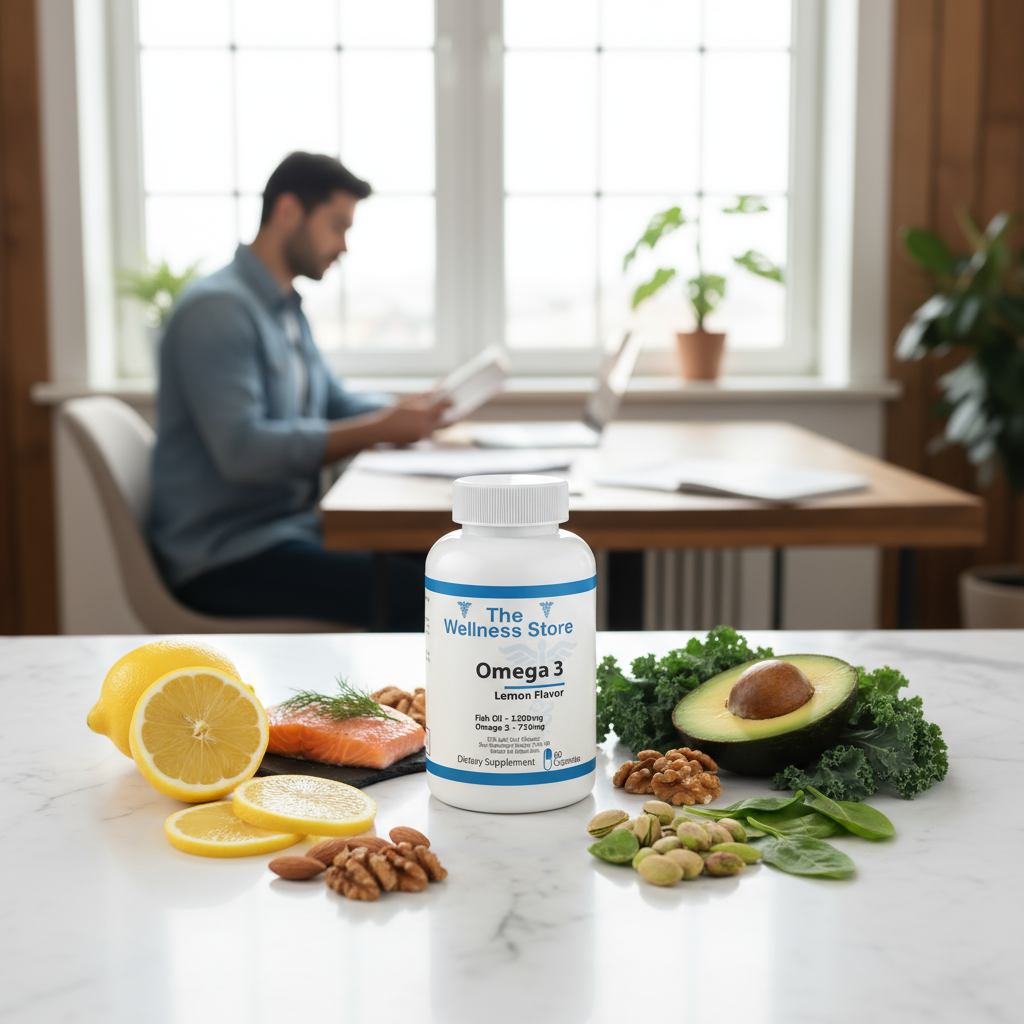 Omega-3 Lemon Complex supplement on a counter with fish, lemon, avocado and nuts with a man reading in the blurred background