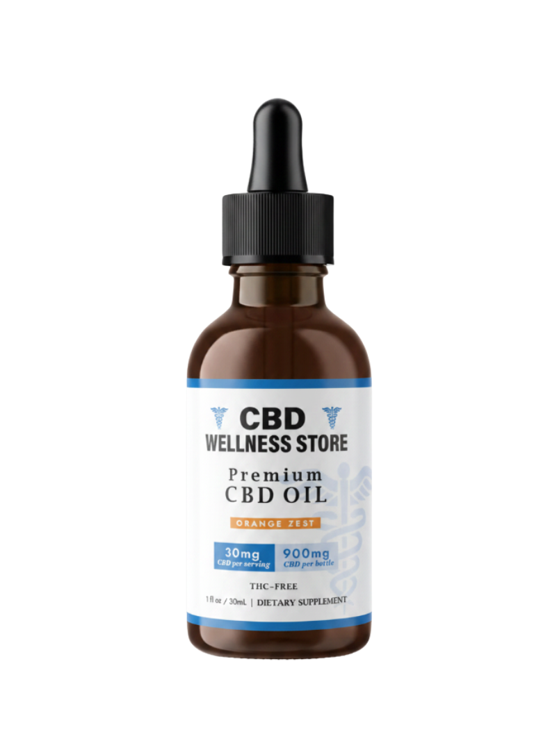 Orange Zest 900mg CBD oil bottle on a white background