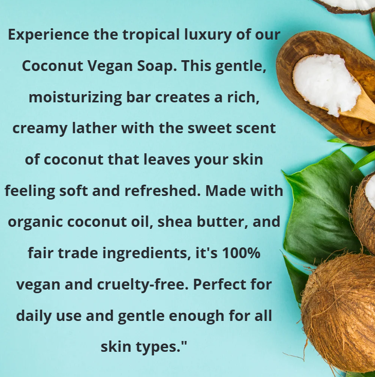 Coconut Vegan Soap with text describing its benefits and ingredients on a blue background