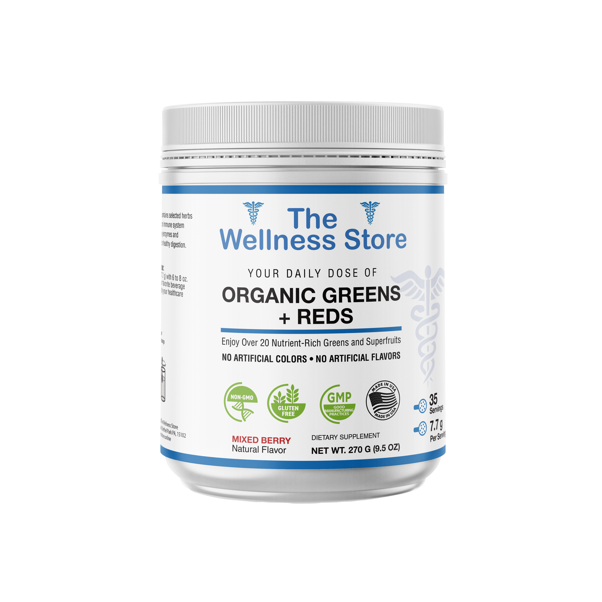 Container of 'The Wellness Store' organic greens and Reds supplement on a white background