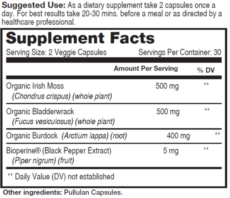 Sea Moss Complex supplement for thyroid health, immune support, and 92 essential minerals supplement facts