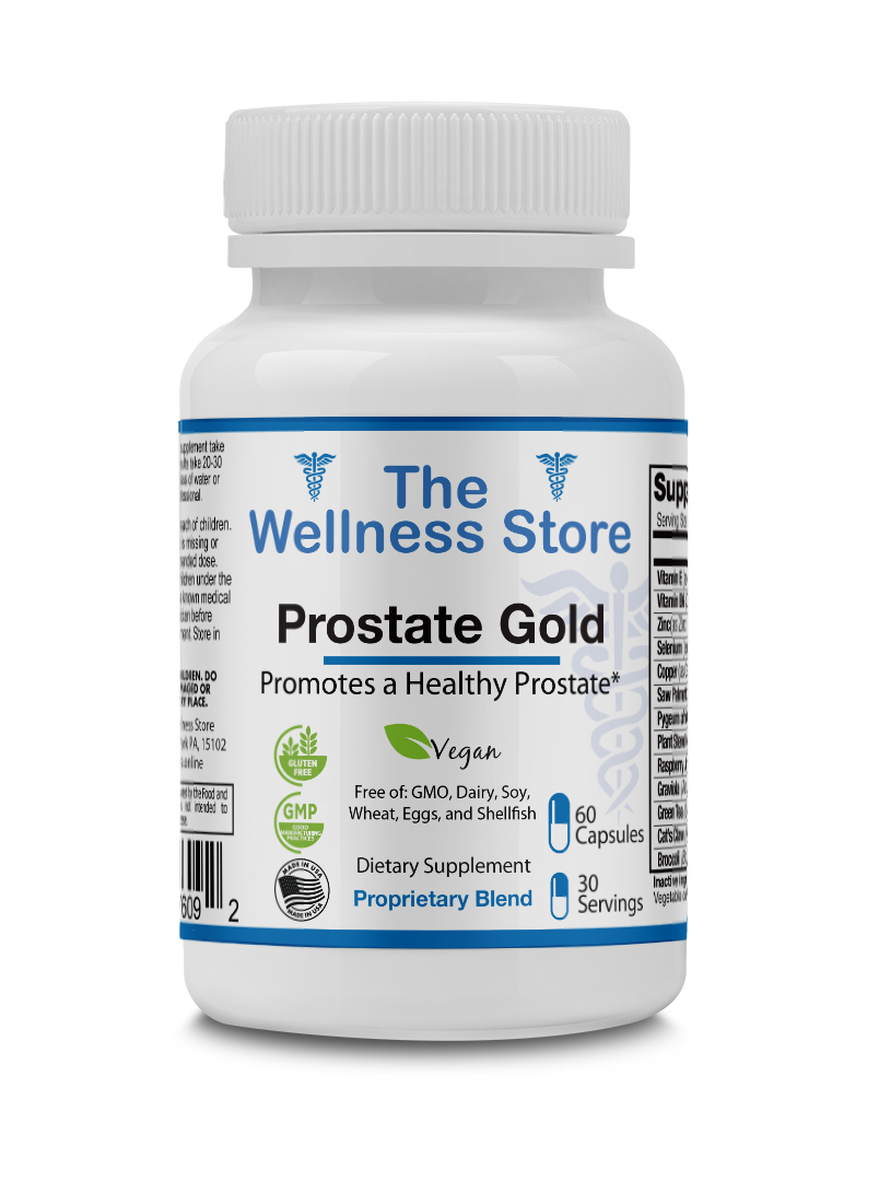 Supplement bottle labeled 'Prostate Gold' from 'The Wellness Store' on a white background