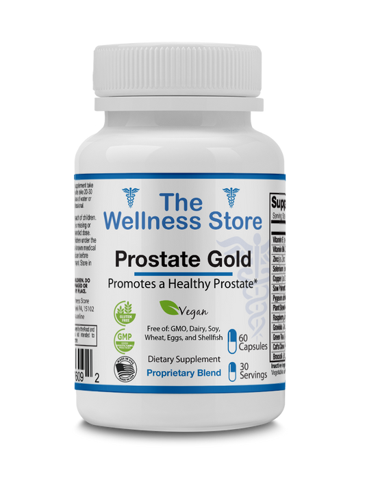 Supplement bottle labeled 'Prostate Gold' from 'The Wellness Store' on a white background
