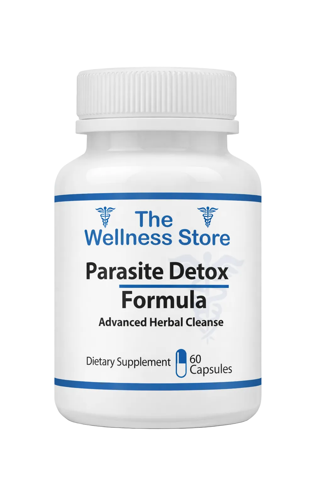 Supplement bottle labeled 'Parasite Detox Formula' from 'The Wellness Store' on a white background