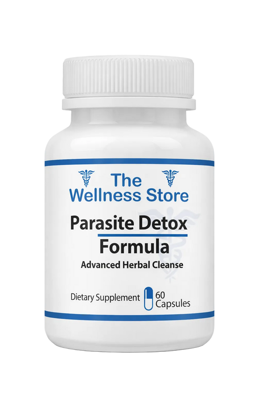 Supplement bottle labeled 'Parasite Detox Formula' from 'The Wellness Store' on a white background
