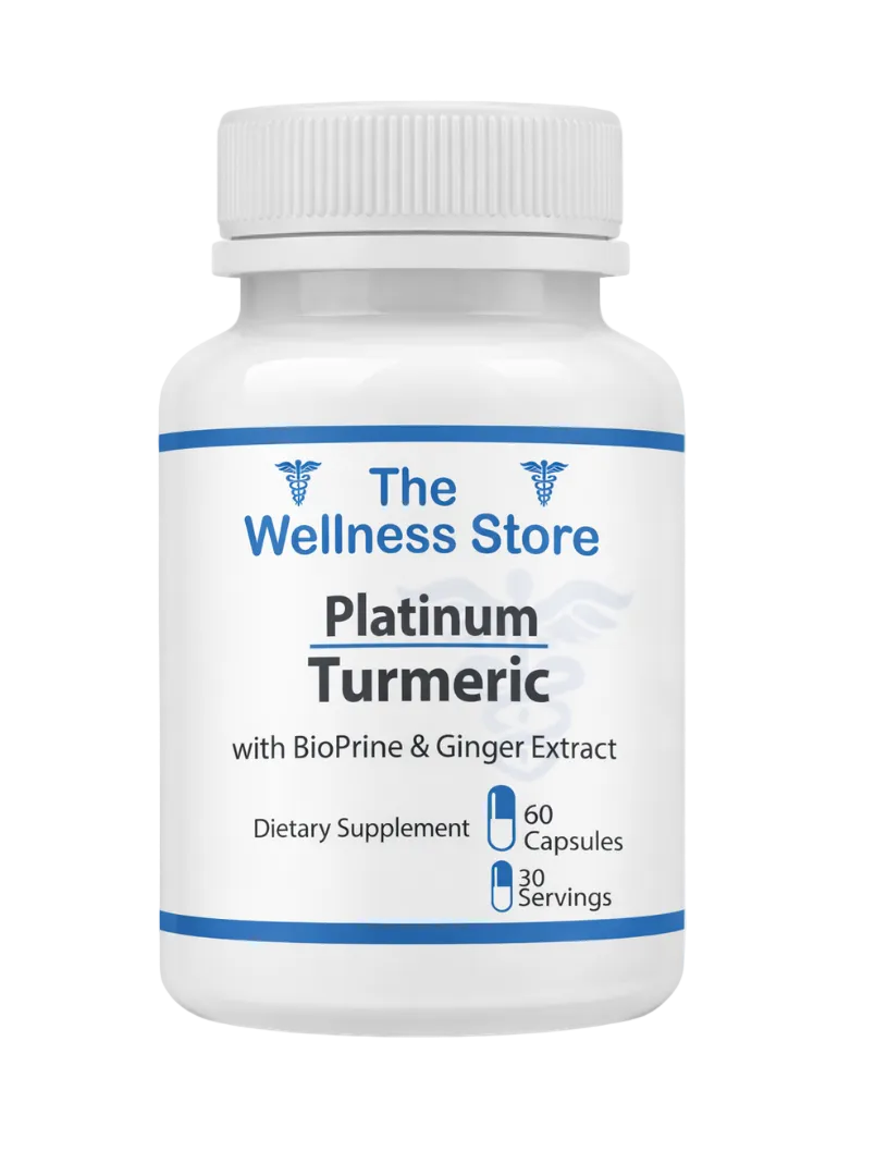 Supplement bottle labeled 'Platinum Turmeric' from 'The Wellness Store' on a white background