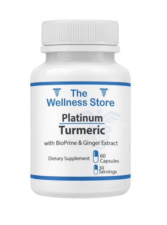 Supplement bottle labeled 'Platinum Turmeric' from 'The Wellness Store' on a white background