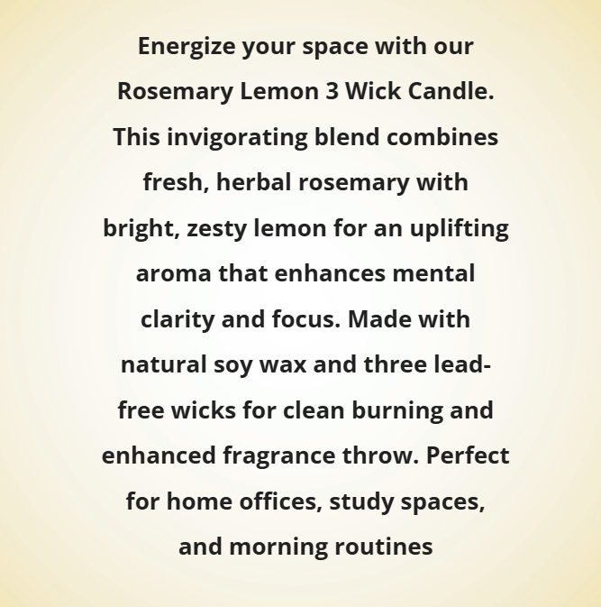 Text description of a Rosemary Lemon 3 Wick Candle with product details on a beige background