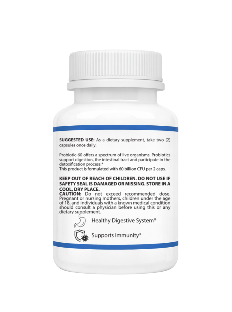 Probiotic 60 supplement bottle with suggested use label on a white background