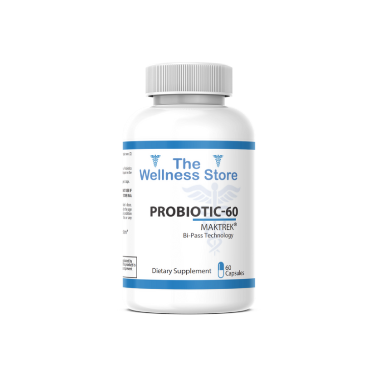 Probiotic supplement bottle labeled 'The Wellness Store Probiotic-60' on a white background