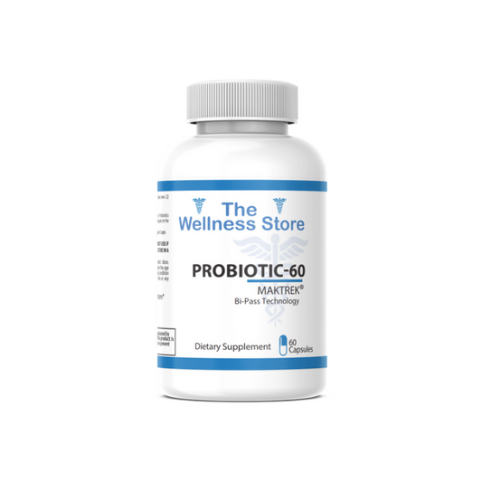 Probiotic supplement bottle labeled 'The Wellness Store Probiotic-60' on a white background