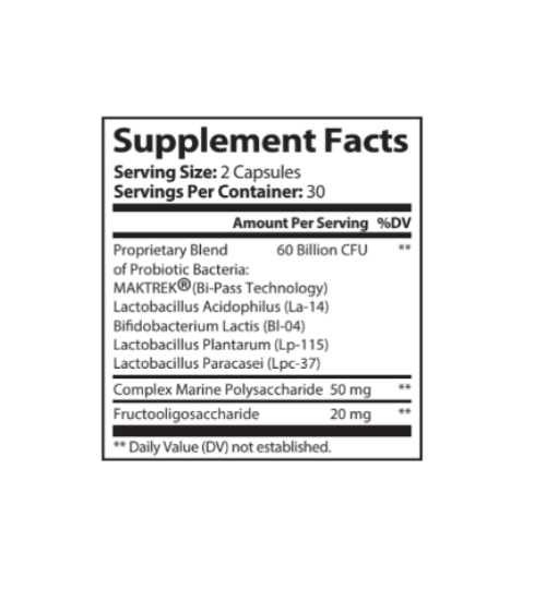 Probiotic 60 Supplement facts label with detailed information on a white background