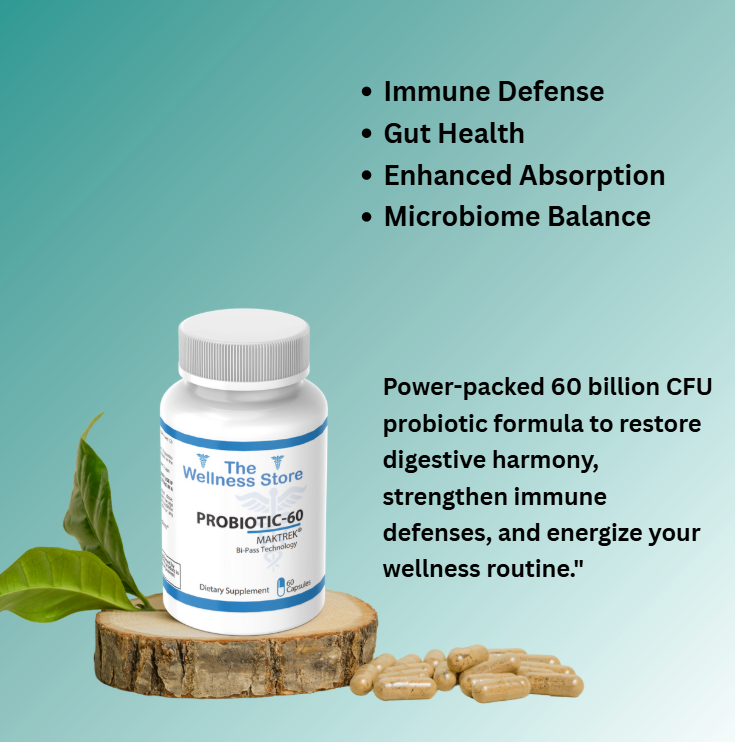 Probiotic supplement bottle with capsules on a wooden block against a teal background