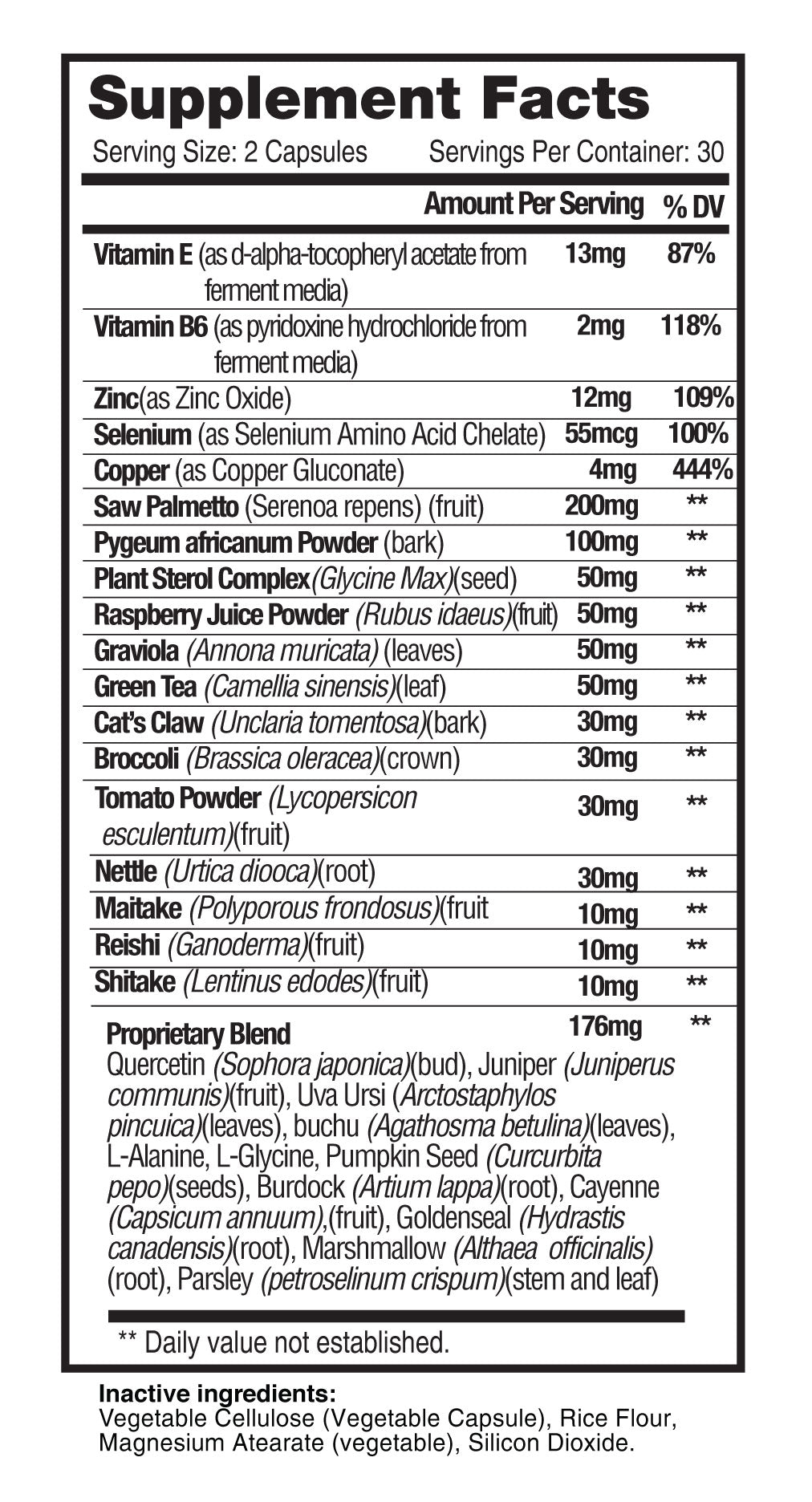 A close-up of a supplement facts label showing the 'Supplement Facts' panel for 'Prostate Gold' capsules. The label details serving size, daily value percentages, listed ingredients like Green Tea, Raspberry Juice Powder, and Nettle, and inactive ingredients including Rice Flour and Magnesium Alabatar.