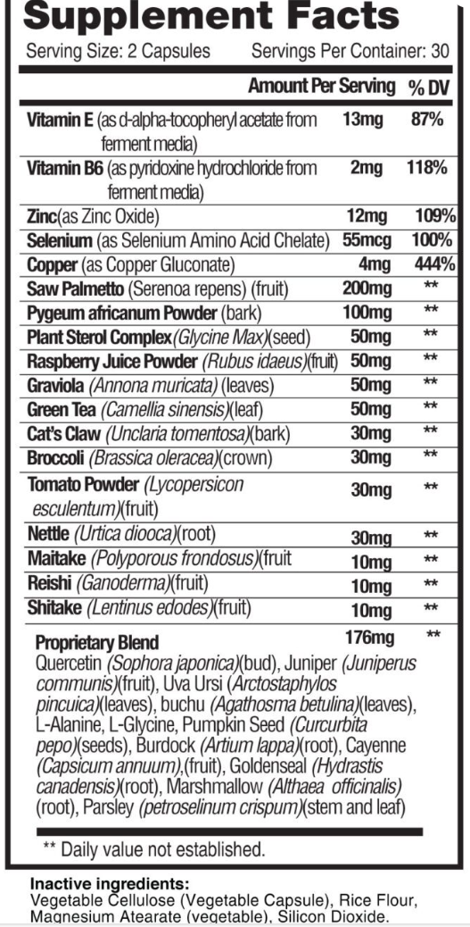 Supplement facts label for Prostate Gold with detailed nutritional information on a white background