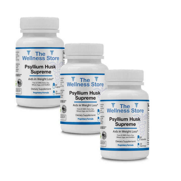 Three bottles of Psyllium Husk Supreme from The Wellness Store on a white background