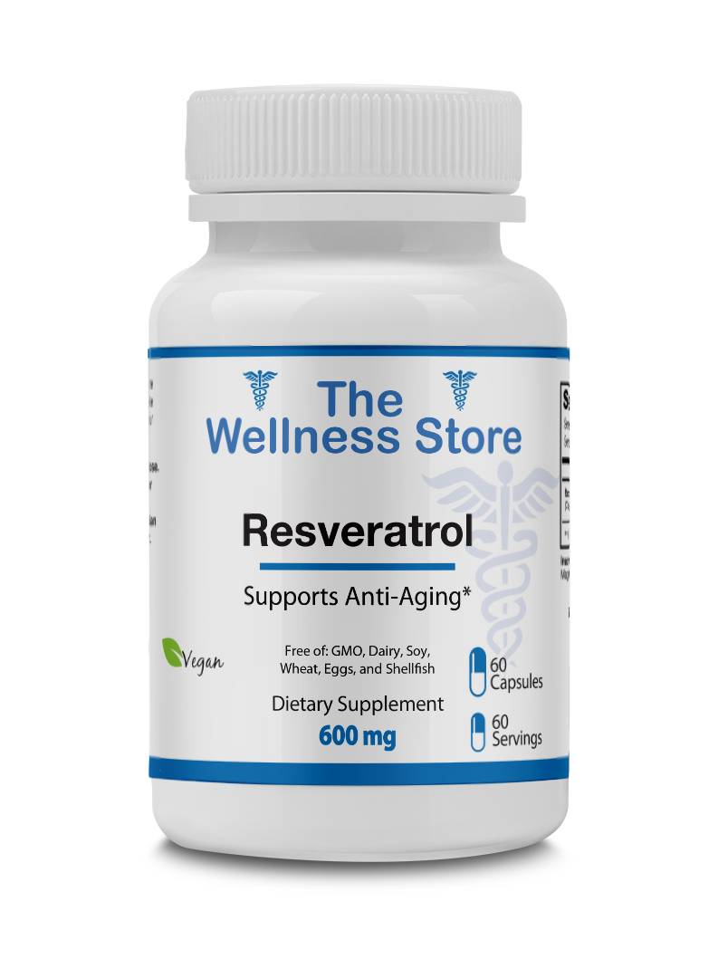 Supplement bottle labeled 'The Wellness Store Resveratrol' on a white background