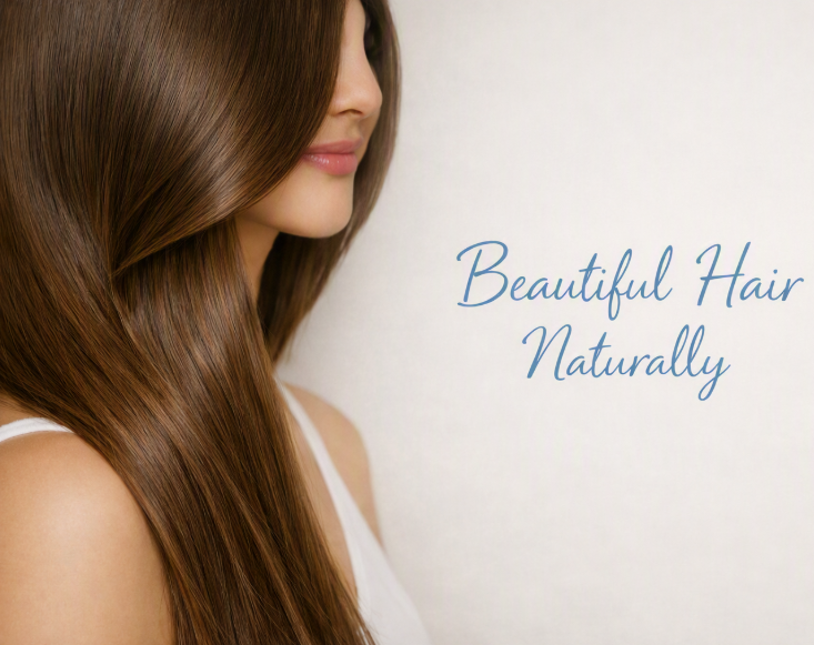 Close-up of a woman with long, shiny brown hair cascading over her shoulder, wearing a white top. Her face is partially visible, and the text “Beautiful Hair Naturally” appears on the right against a soft off-white background