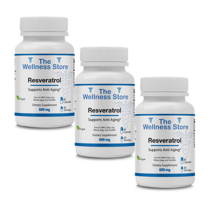 3 botles of Resveratrol supplement from the wellness store that supports Anti-aging