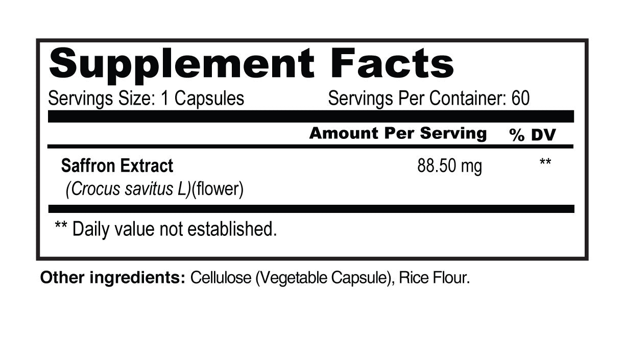 A Supplement Facts label showing Saffron Extract as 88.50 mg per serving, with serving size 1 capsule and other ingredients listed below.