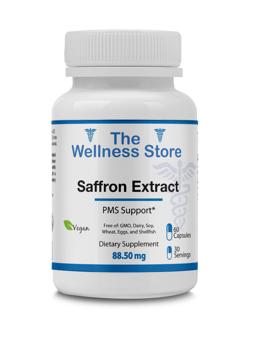 Supplement bottle labeled 'Saffron Extract' from 'The Wellness Store' on a white background