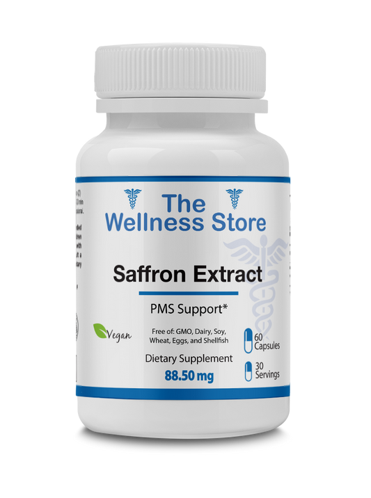 Supplement bottle labeled 'Saffron Extract' from 'The Wellness Store' on a white background