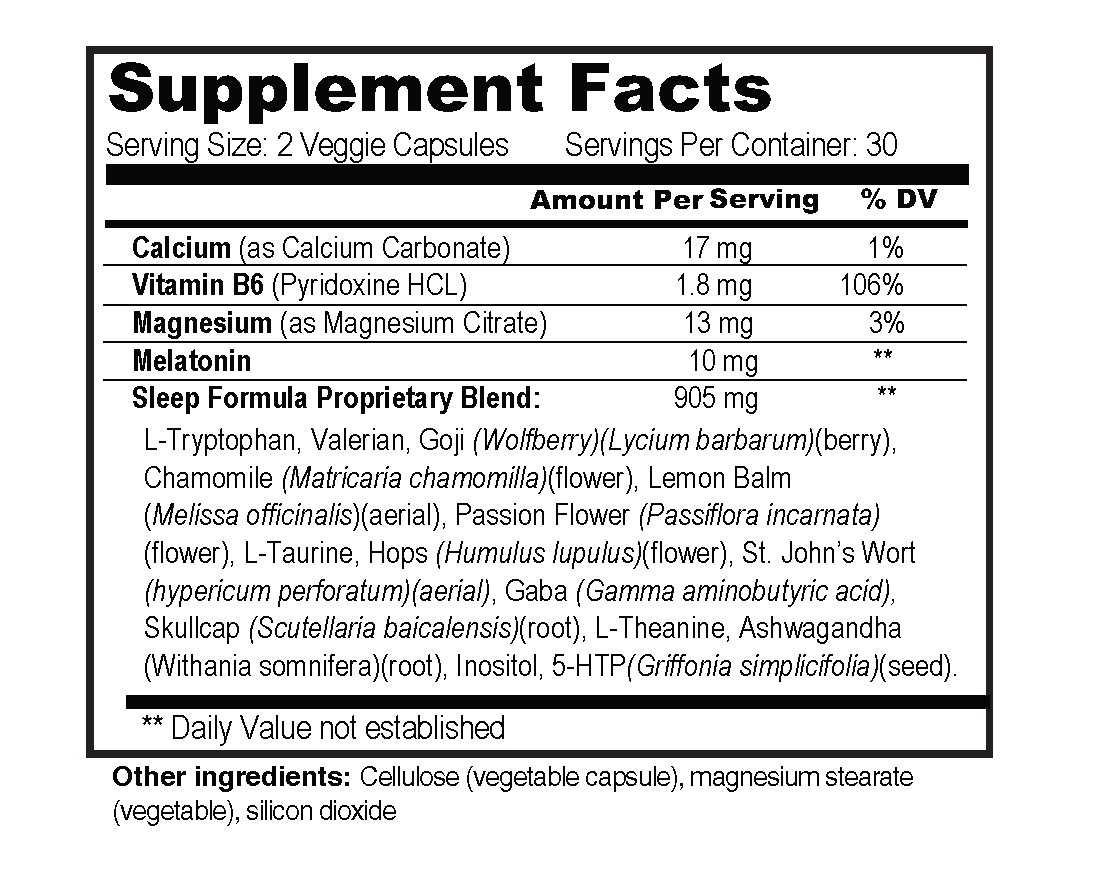 Sleep supplements nutrition facts label showing melatonin magnesium and natural sleep ingredients