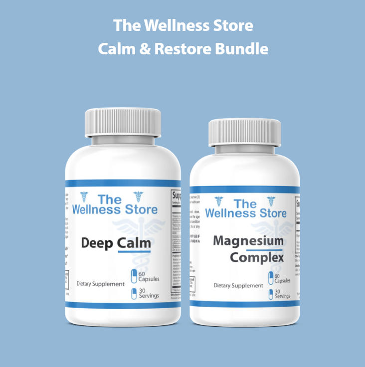 Two bottles of 'The Wellness Store' supplements on a blue background