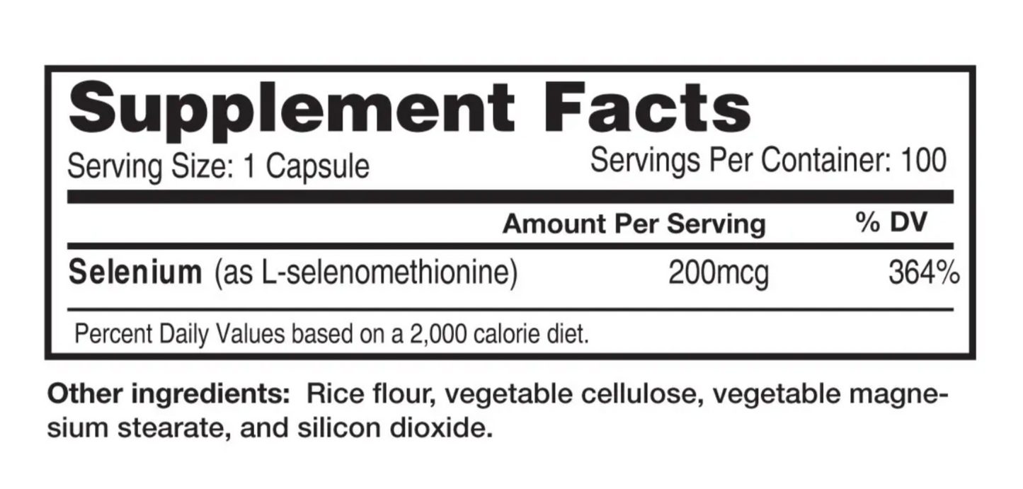 Supplement facts label for selenium supplement with serving size and daily value information.