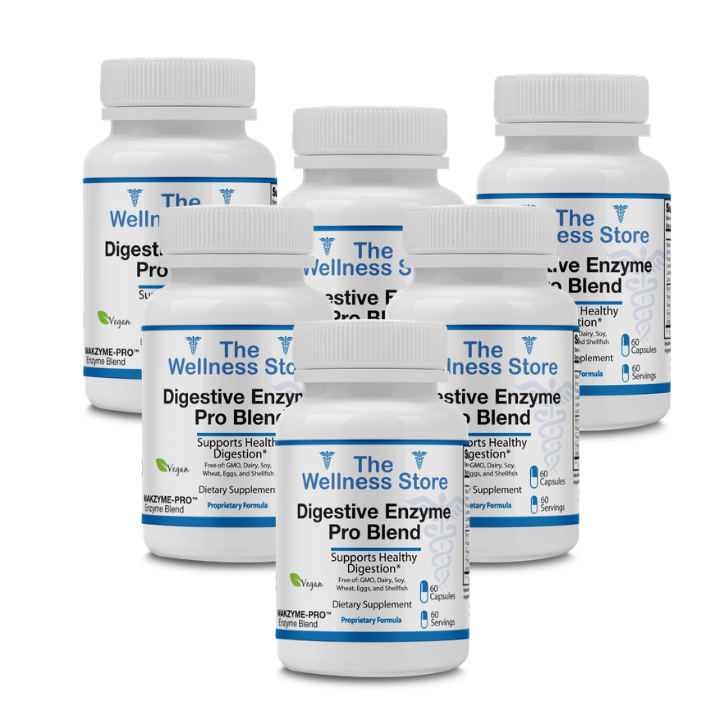Six bottles of The Wellness Store Digestive Enzyme Pro Blend on a white background
