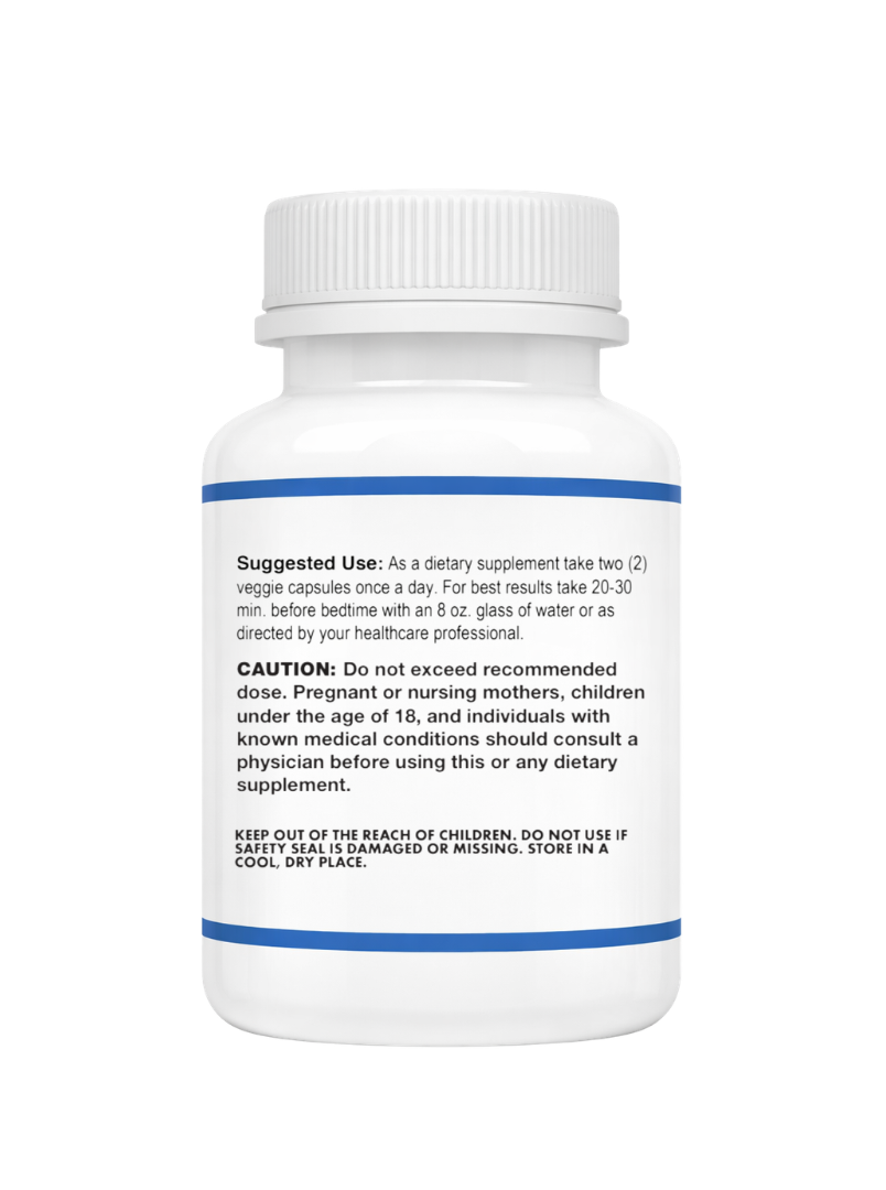 Sleep Supplement suggested use instructions  on the supplement bottle on a white background